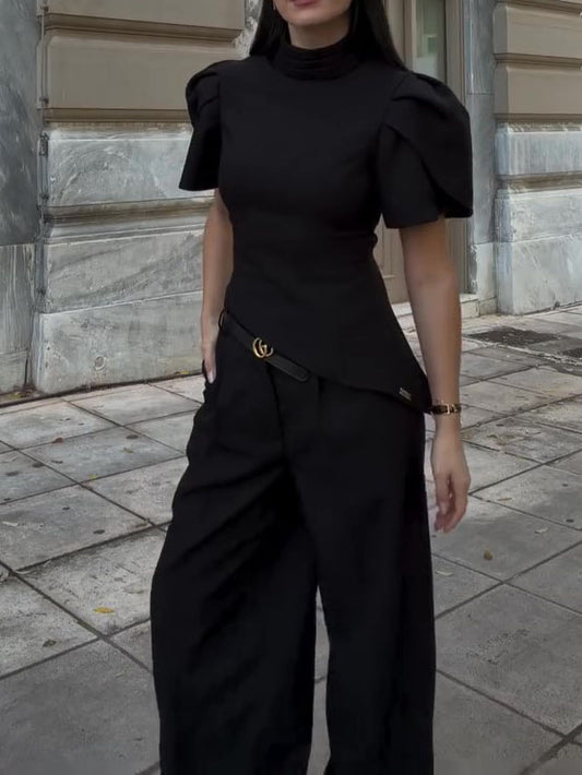 Black Turtleneck Puff Sleeve Waist-Cinched Top & High Waist Wide-Leg Pants Set