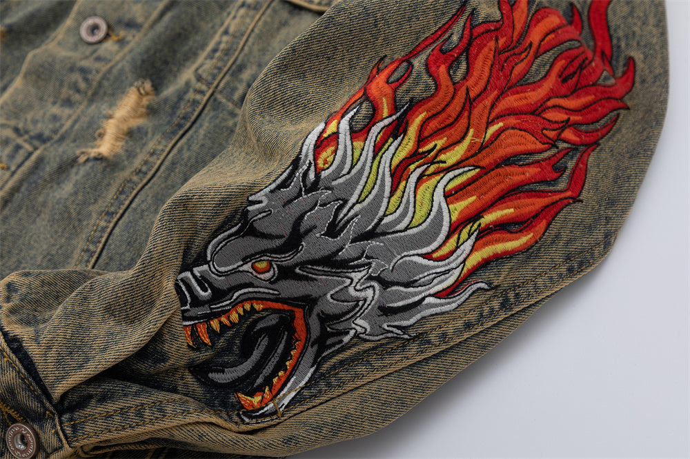 Faucet Zodiac Needle Embroidery Denim Jacket Men's High Street National Fashion Design Sense Ripped Jacket