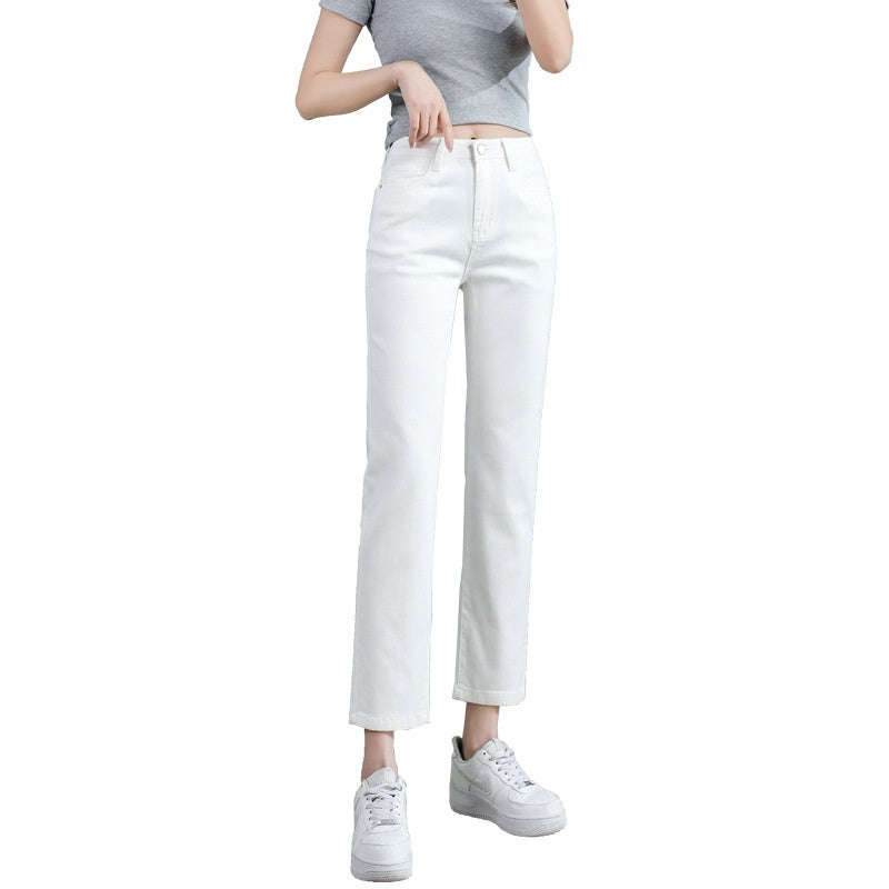 Hvide Jeans Koreansk Stil Højtaljede Stræk Cigaretbukser Små Cropped Straight Bukser