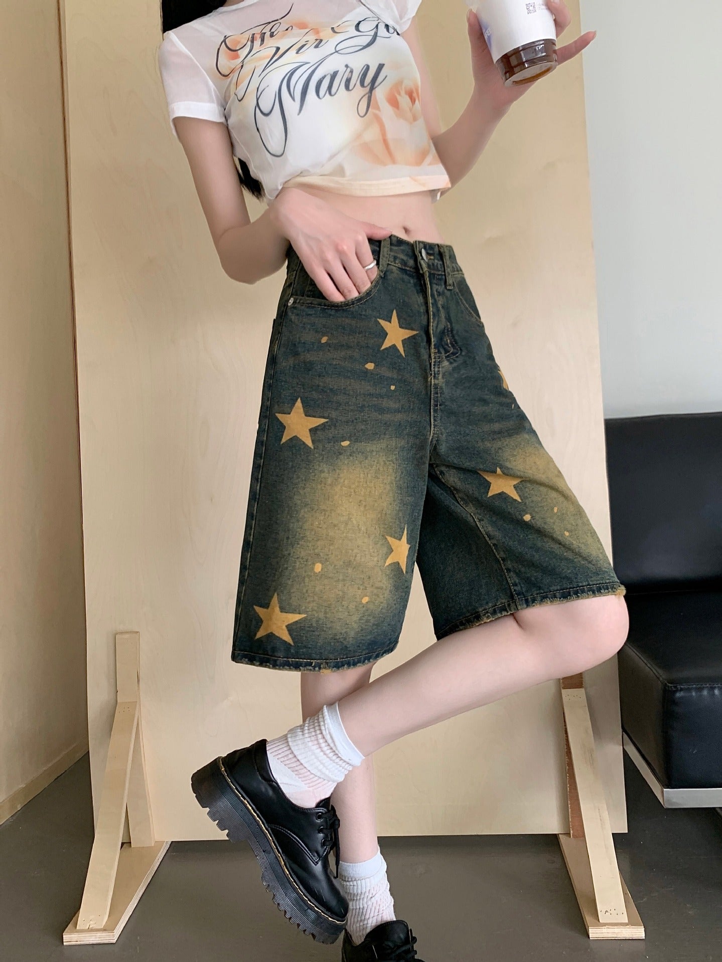 Washed Old Five-pointed Star Denim Shorts Female