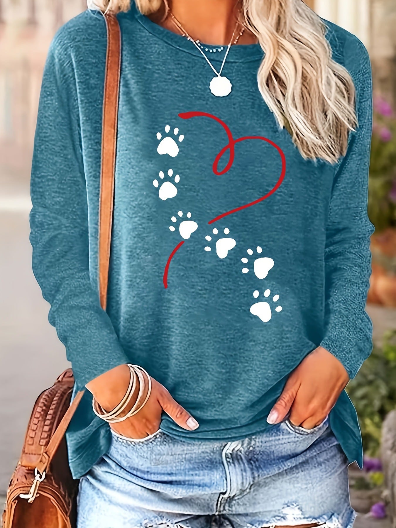 Trykt rundhals langærmet afslappet sweatshirt i plus size