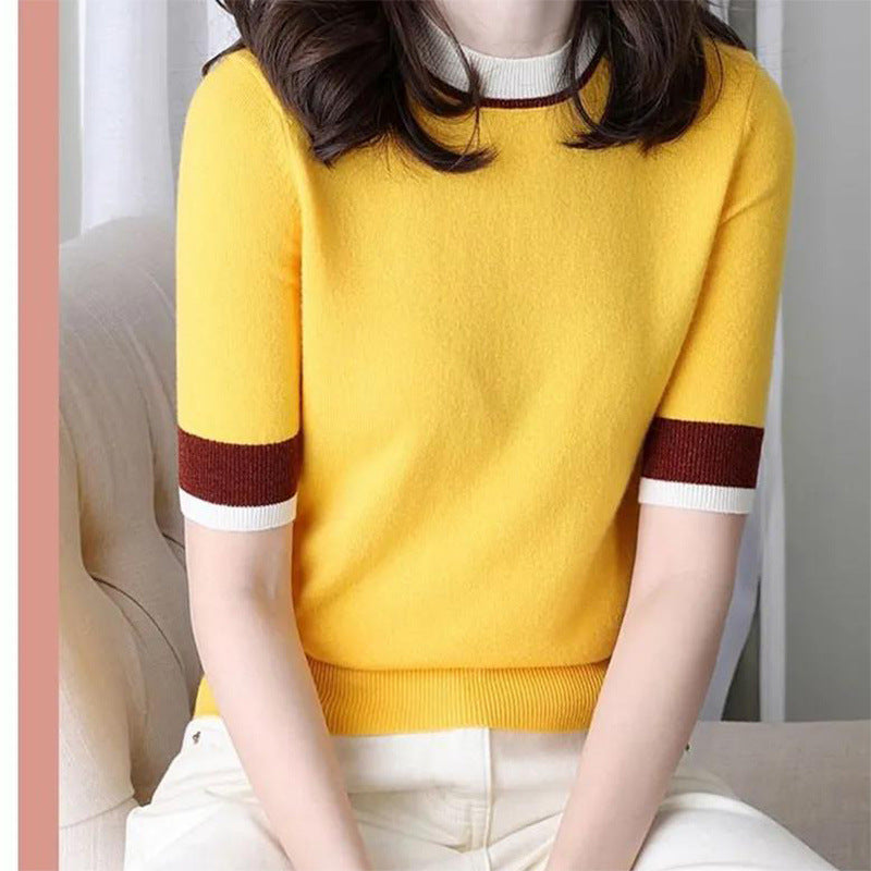 Ice Silk New Knitted Summer Round Neck T-shirt For Women