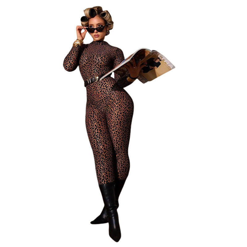 Fashionable Sexy Leopard-print High-waist Figure-hugging Long-sleeve Jumpsuit
