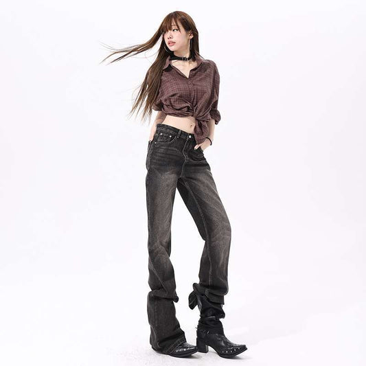 AutumnWinter Charcoal-Gray Loose Flared Denim Jeans