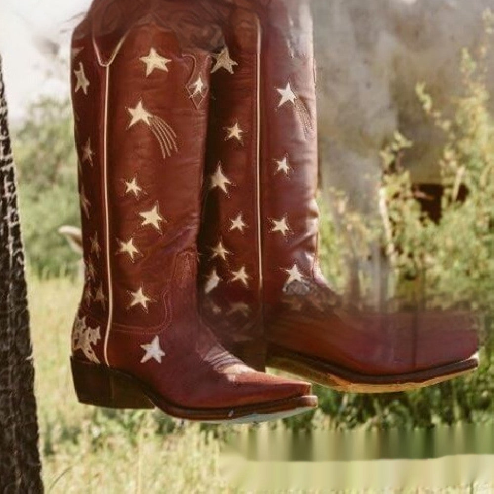 Thick Mid Heel Sleeve Western Star Moon Leather High Leg Boot