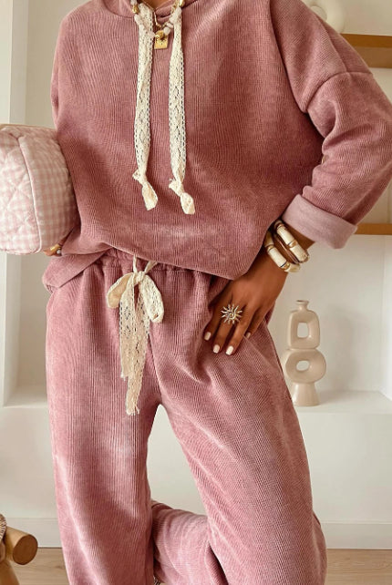 Parchment Thermal Textured Lace Leopard Drawstring Baggy Hoodie
