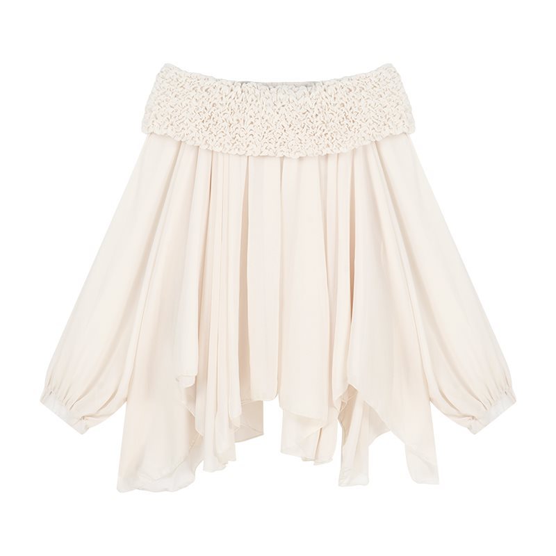 Off-shoulder Langærmet Chiffonskjorte Løs Mellemlang Tynd Top
