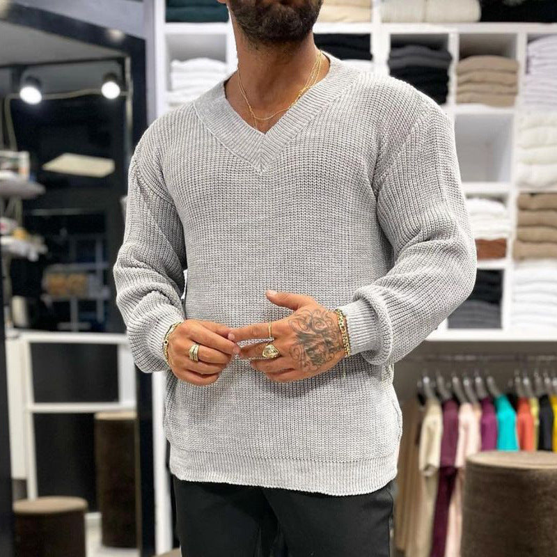 Men's Long-sleeved V-neck Solid Color Sweater