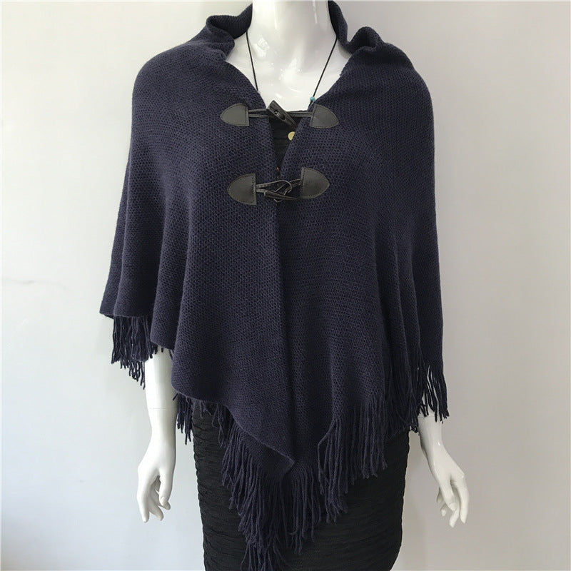 Fringed cloak shawl warmth and thick solid color