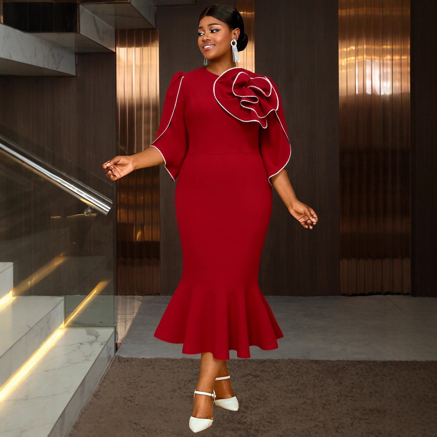 Plus-size Womens Wine-red 3D Floral Dress