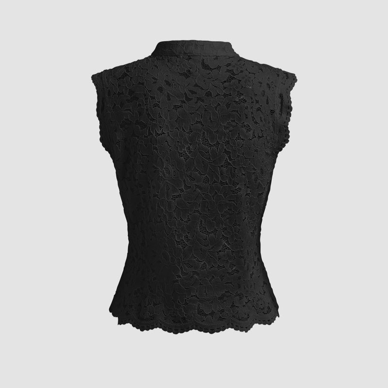 Lace Shirt Lapel Hollow Slit Vest Knot Sleeveless Top