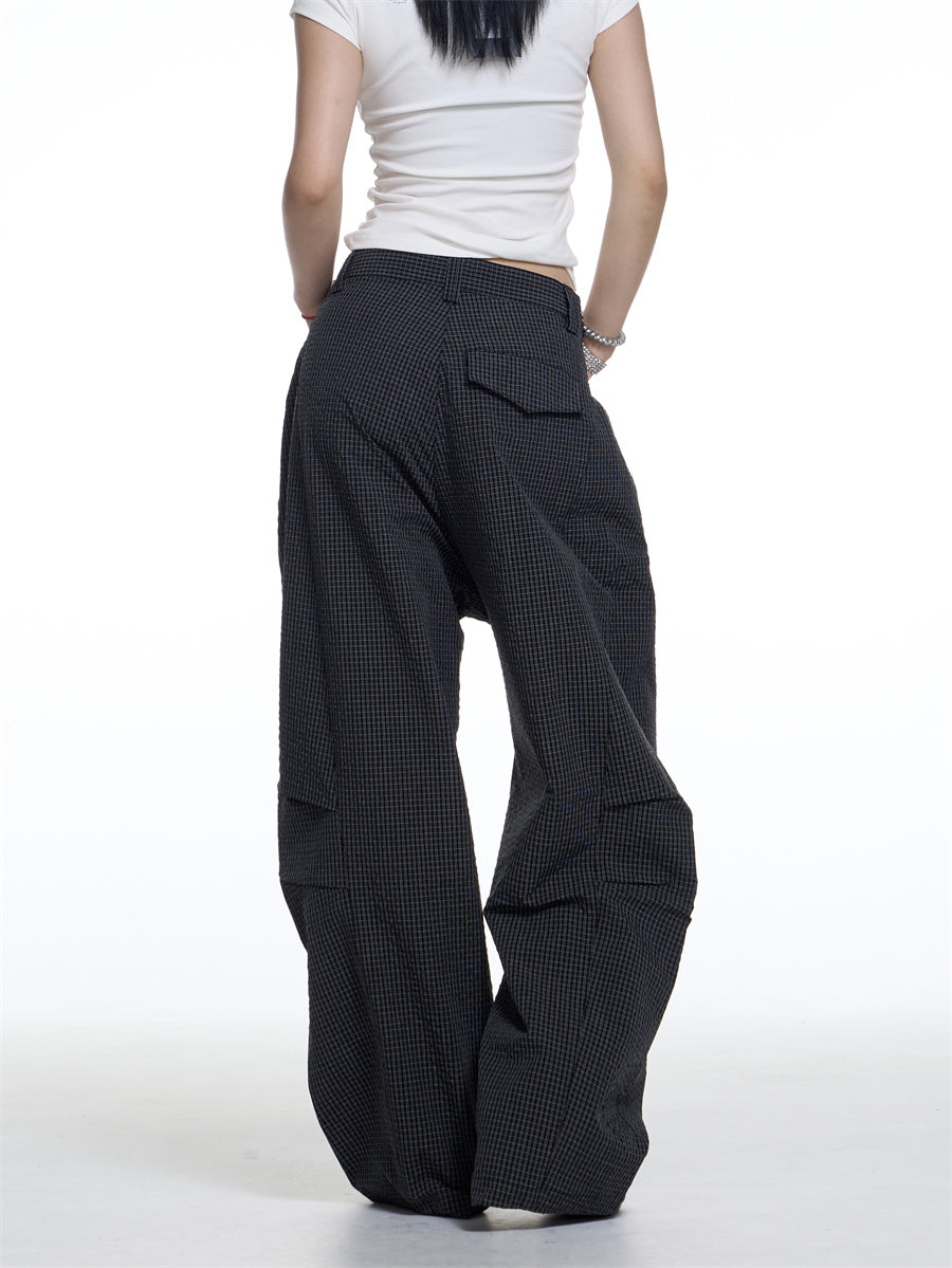 American Retro Plaid Lazy Wide Leg Machete Casual Pants For Women