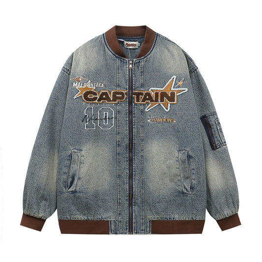 Letter Patch Embroidered Denim Baseball Cotton-padded Jacket Vintage