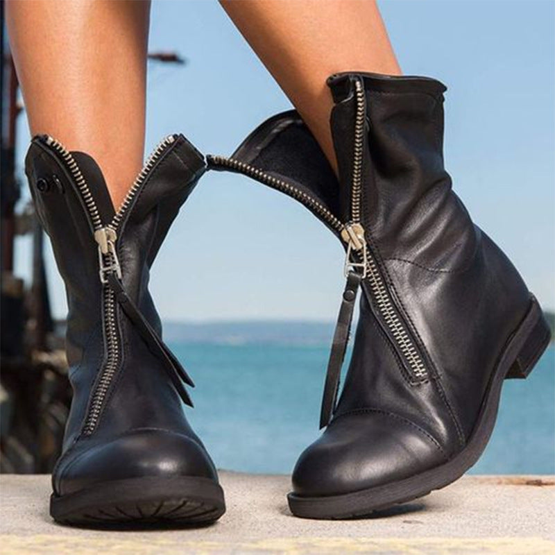 Winter New Knee-high Boots Front Zipper Low Square Heel 40-43 Short Tube Brushed Ankle Boots