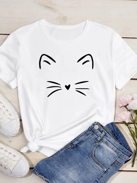 Womens Heart-Shaped Cat Crew-Neck Printed Short-Sleeve Top