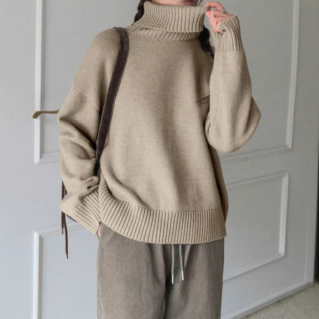 Loose Fitting High Neck Solid Color Sweater