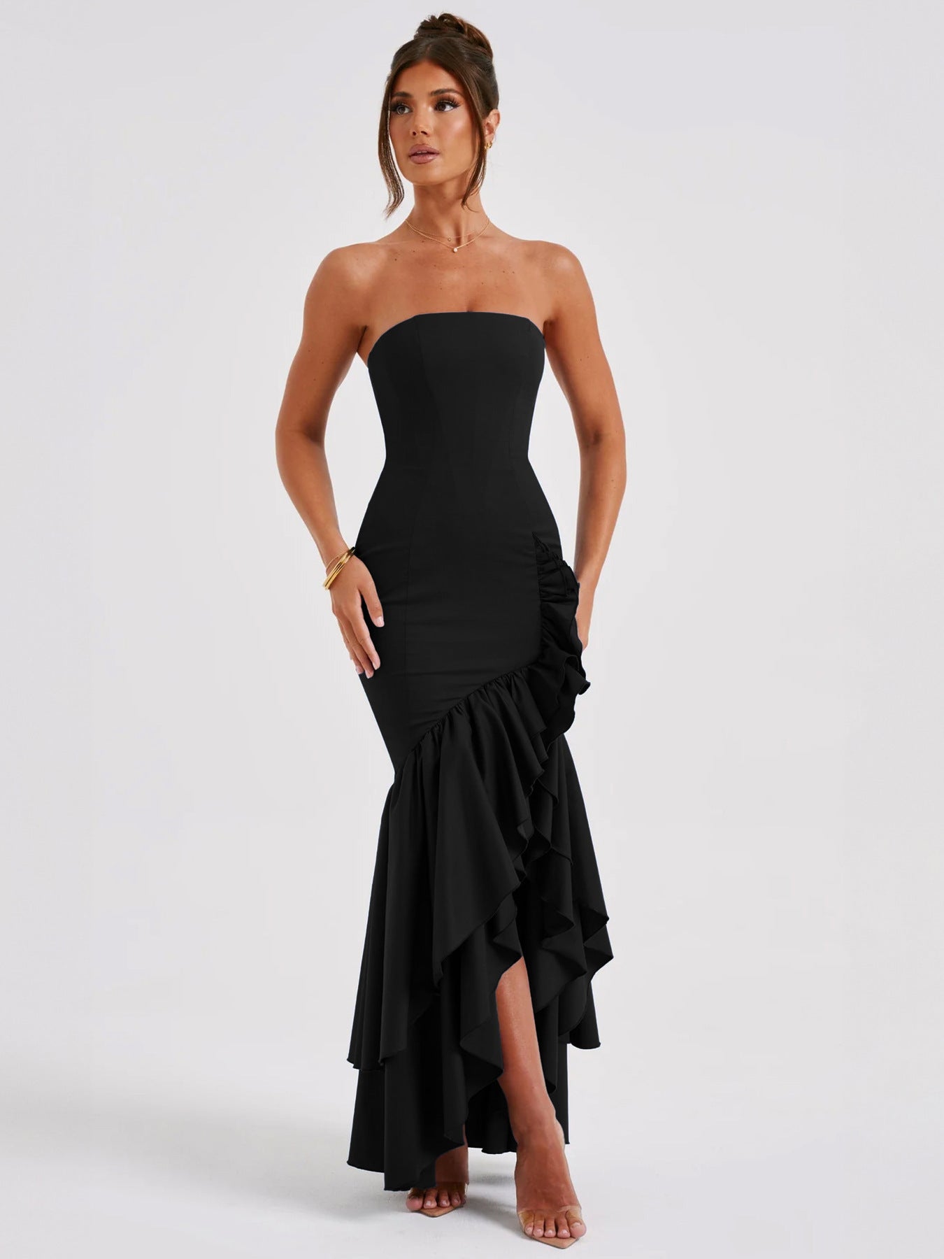 Elegant Strapless Slit Dress For Summer Womens Wear
