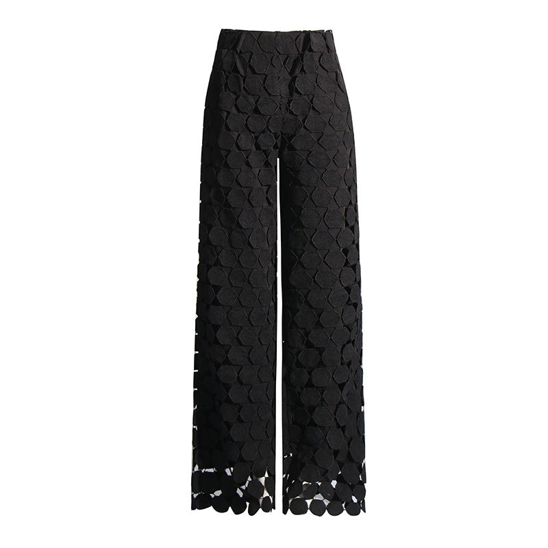 Fashionable Elegant Round Design Tassel Hollow-out Embroidered High Waist Wide-leg Pants