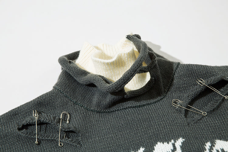 Fake Two-piece Color Matching Turtleneck Letter Cut Ripped Sweater