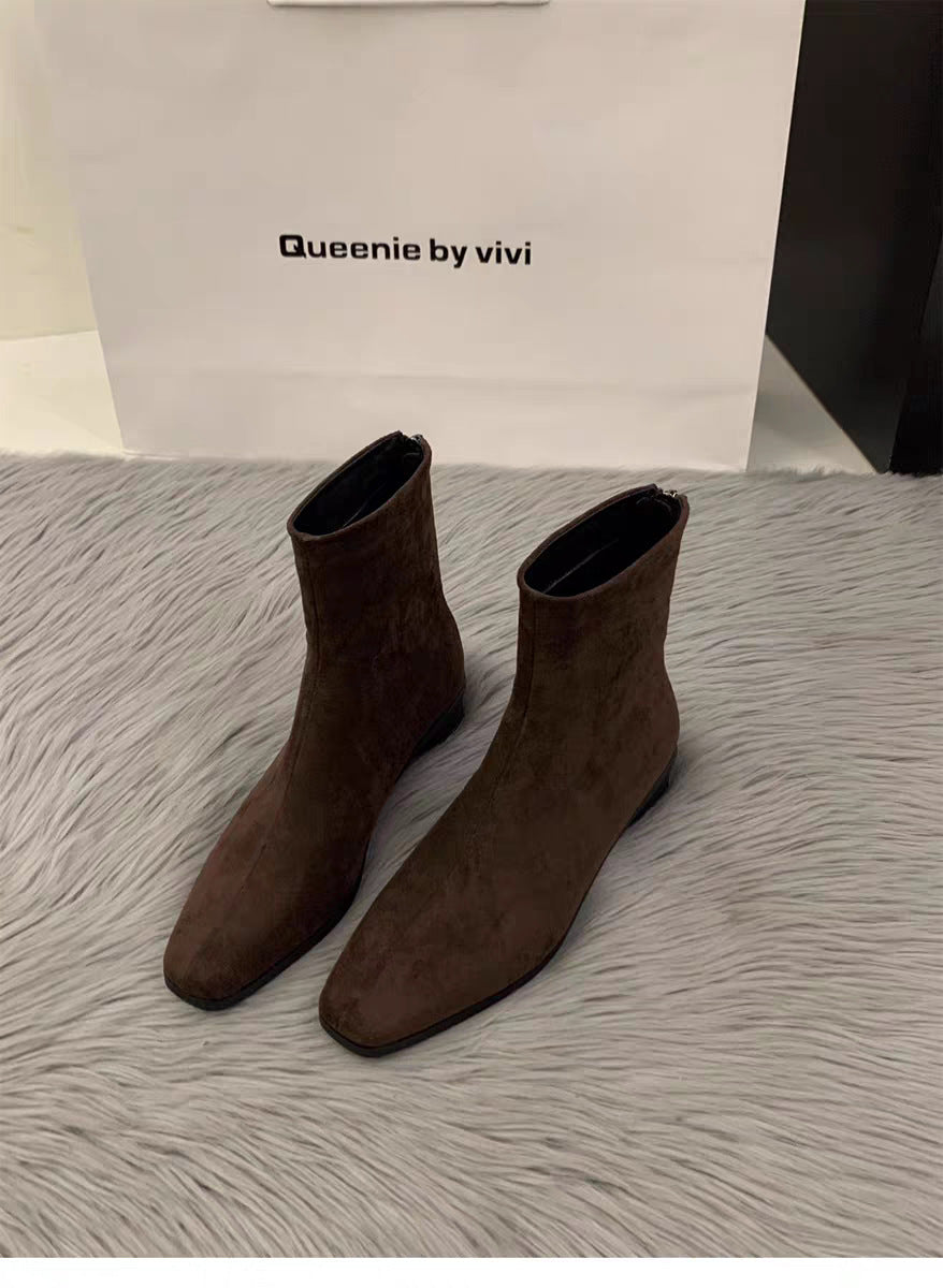 Womens Chunky-Heel Suede All-Match Fleece-Lined Stylish Ankle Boots