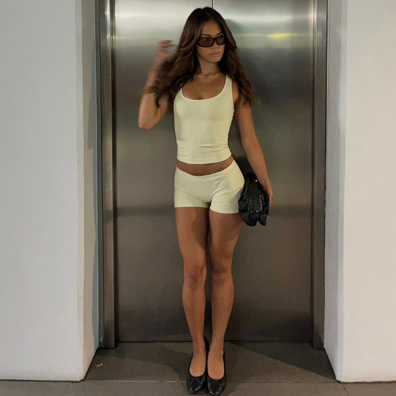 Stylish Backless Tank Top And Slim-fit Solid-color Casual Leggings Set