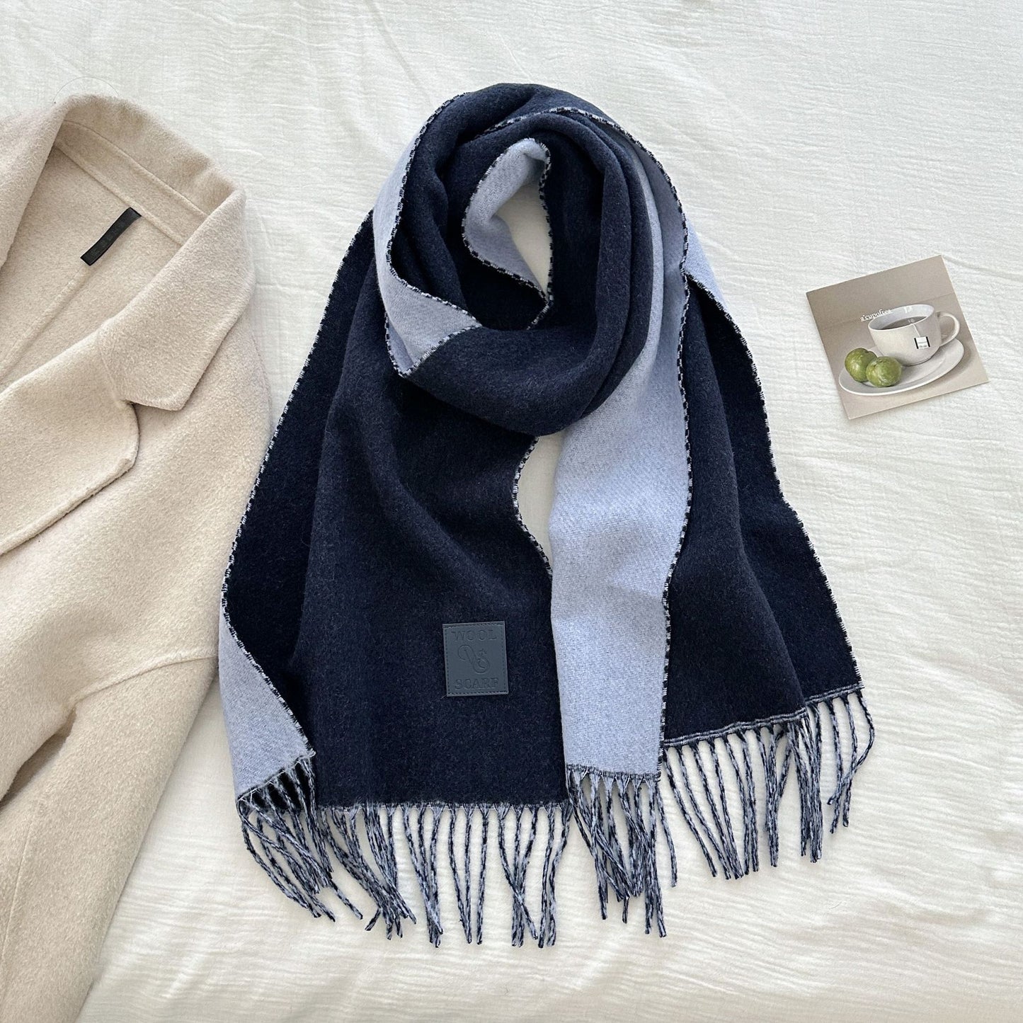 Thickened Double-sided Two-tone Wool Scarf Versatile Solid-color Tassel Shawl For Warmth And Style