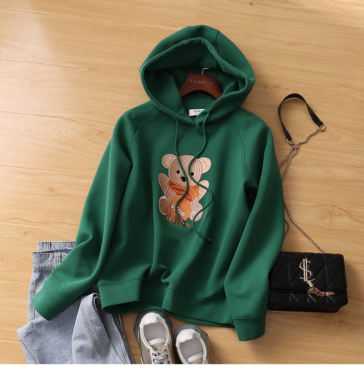 Women's Trendy Spring And Autumn Bear Embroidery Hooded Sweater