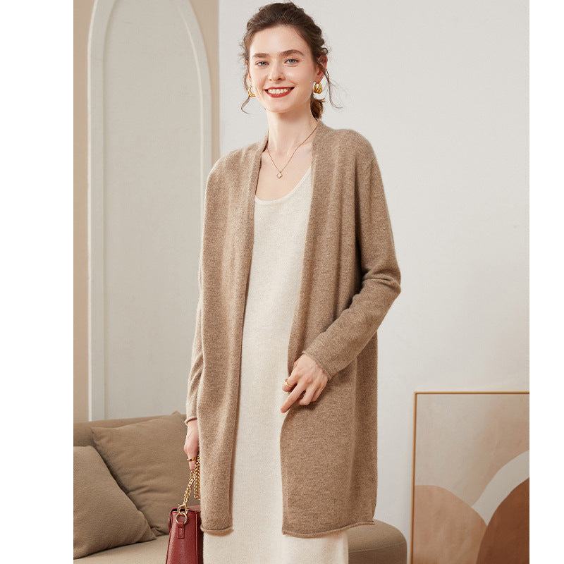 Ribbed Solid-Color Cashmere Knit Cardigan For Women Long-Sleeve Mid-Length Outerwear