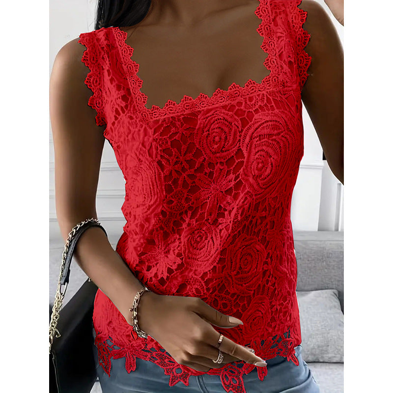 Summer New Square Collar Lace Sleeveless Vest Short Sleeve
