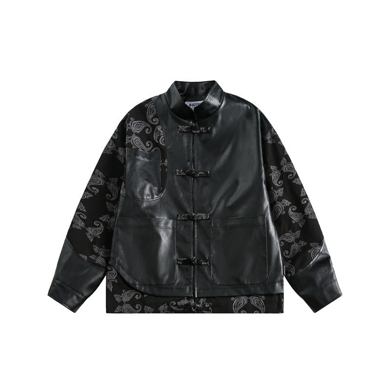 Spring New Chinese Stitching Buckle Stand Collar PU Leather Jacket
