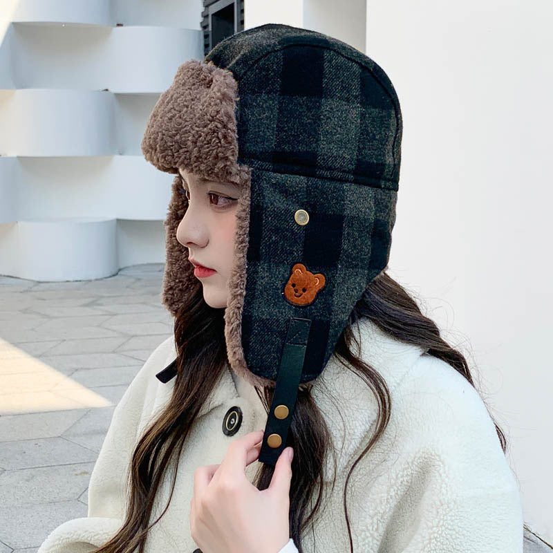 Plaid, Brushed Thermal And Windproof Cold Cycling Earflaps Ushanka Female
