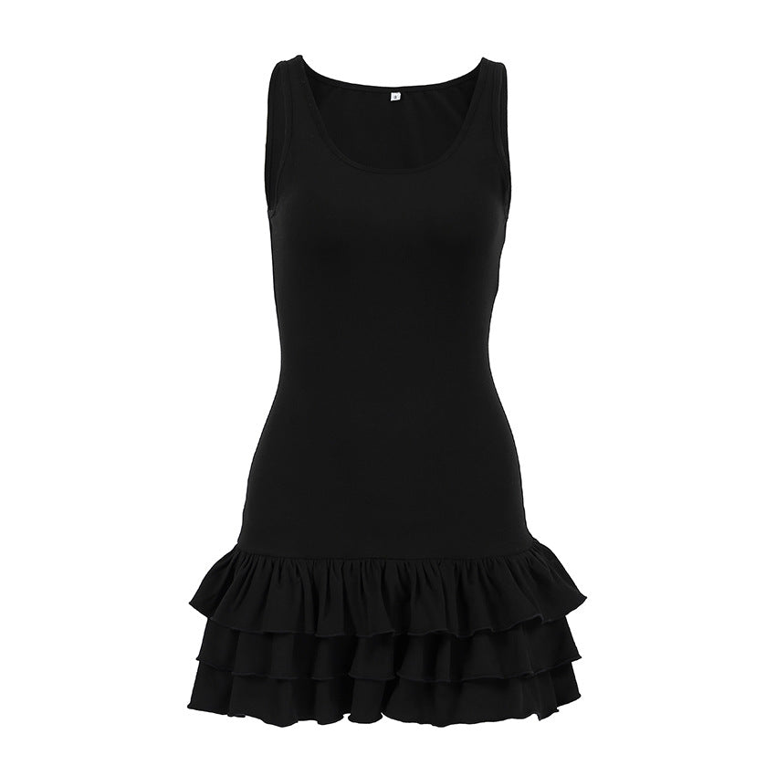 Black Mid-length Sleeveless Tank Top With A Tiered Cake Skirt