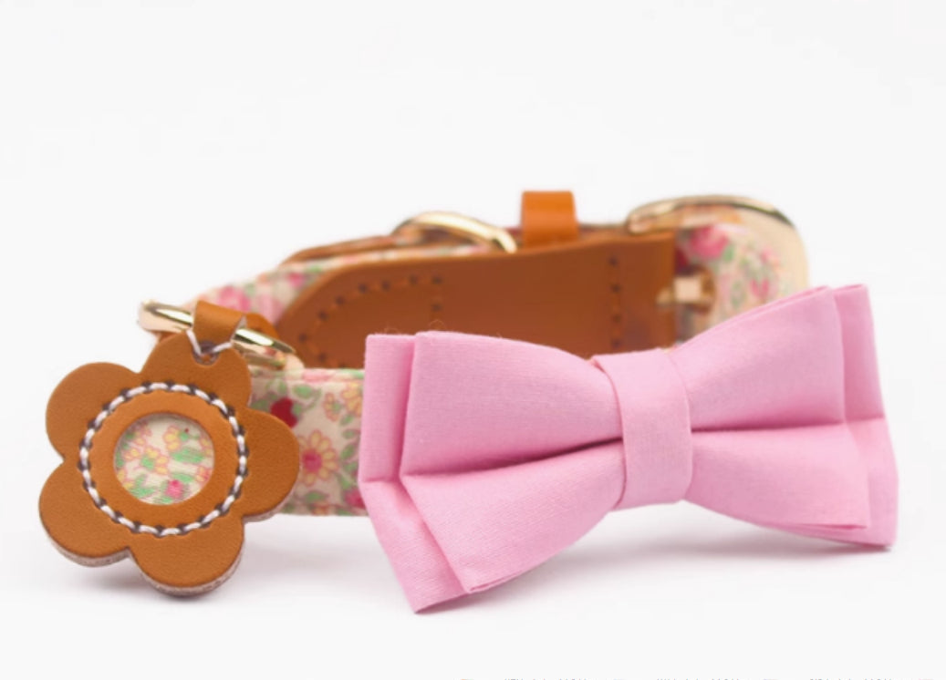 Cowhide Stitching Floral Cotton Pet Dog Collar Hand Holding Rope