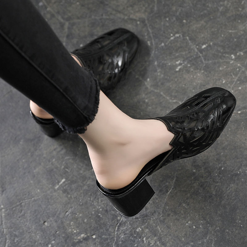 New Hollow Thick Heel Lightweight Half Slippers