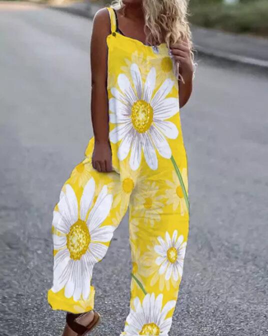 Printed Suspenders Casual Jumpsuit Beach Pants