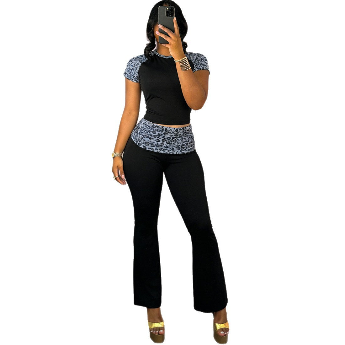Womens Fashionable Printed Patchwork Sexy Slim-Fit Pants Suit