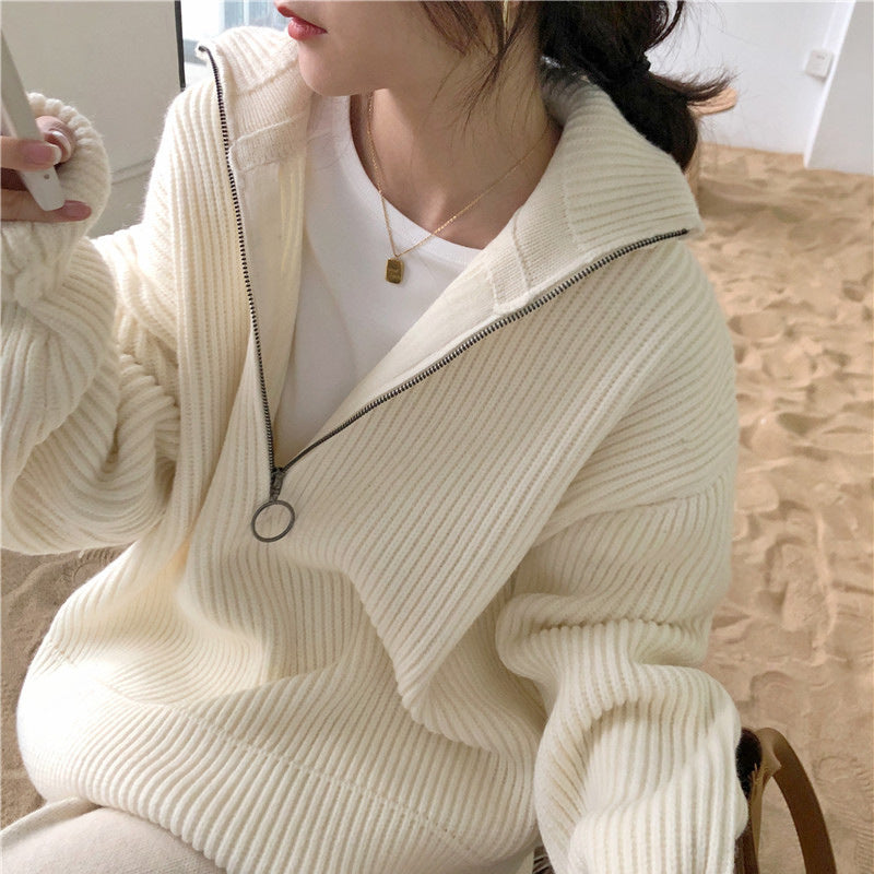 Løs fransk stil stor revers lynlås sweater til kvinder