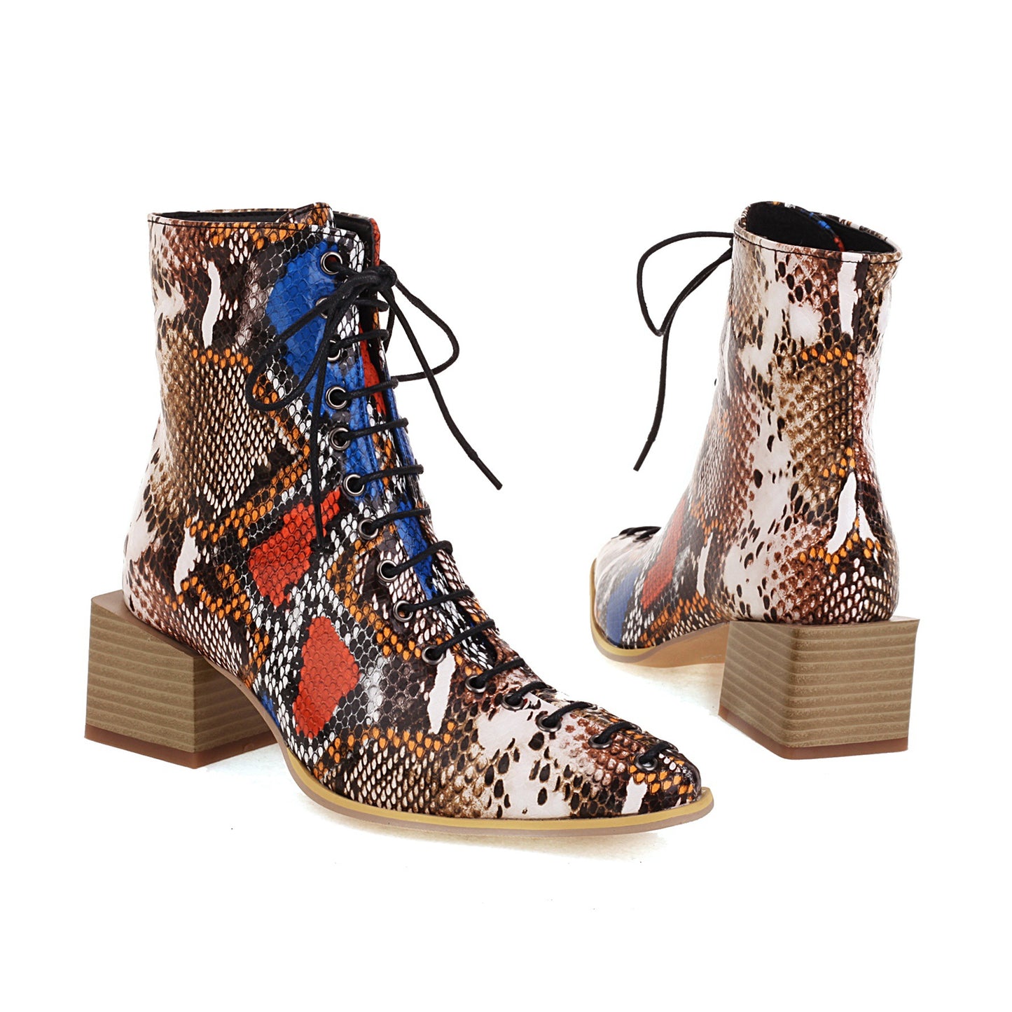 Fashion Mid-heel Square Toe 40414243 Snake Front Lace-up Low-top Women's Boots