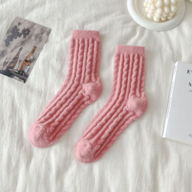 Thick Solid-color Mid-calf Cotton Socks For Women