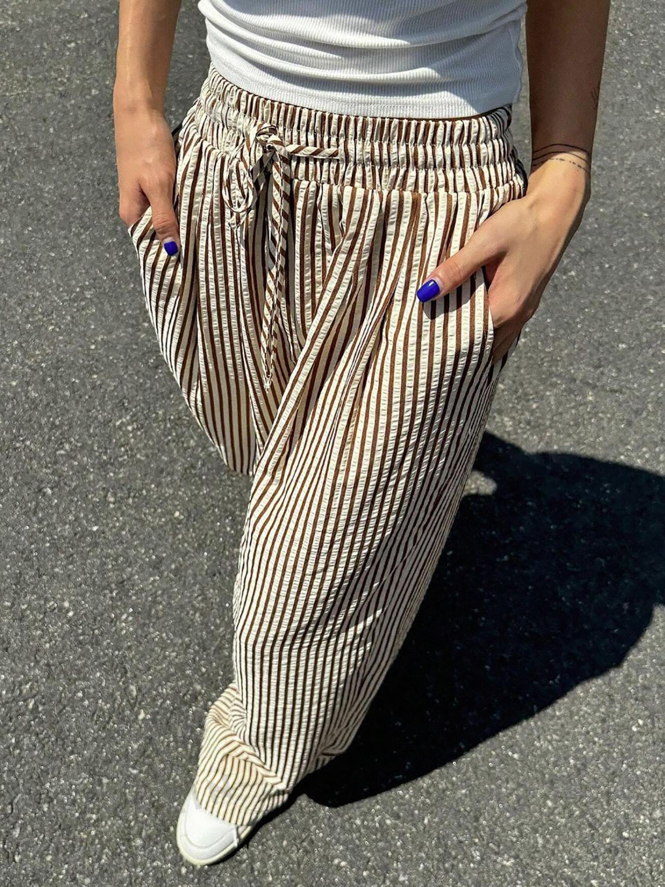 Women's High Waist Loose Casual Striped Straight-leg Pants