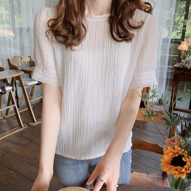 Women's Puff Sleeve Chiffon Short Sleeve Loose Western Style Shirt