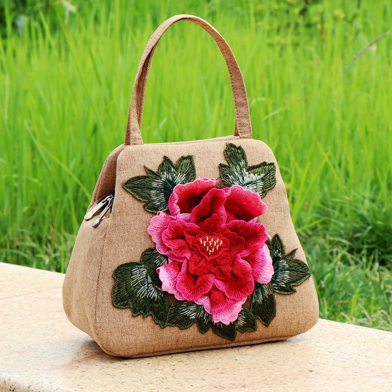 Ethnic-style Embroidered Floral Bag, Canvas Casual Bag, Handbag