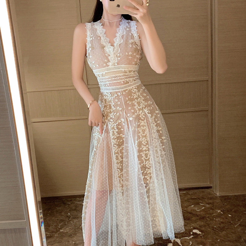 Mesh Embroidered Waistband White Dress