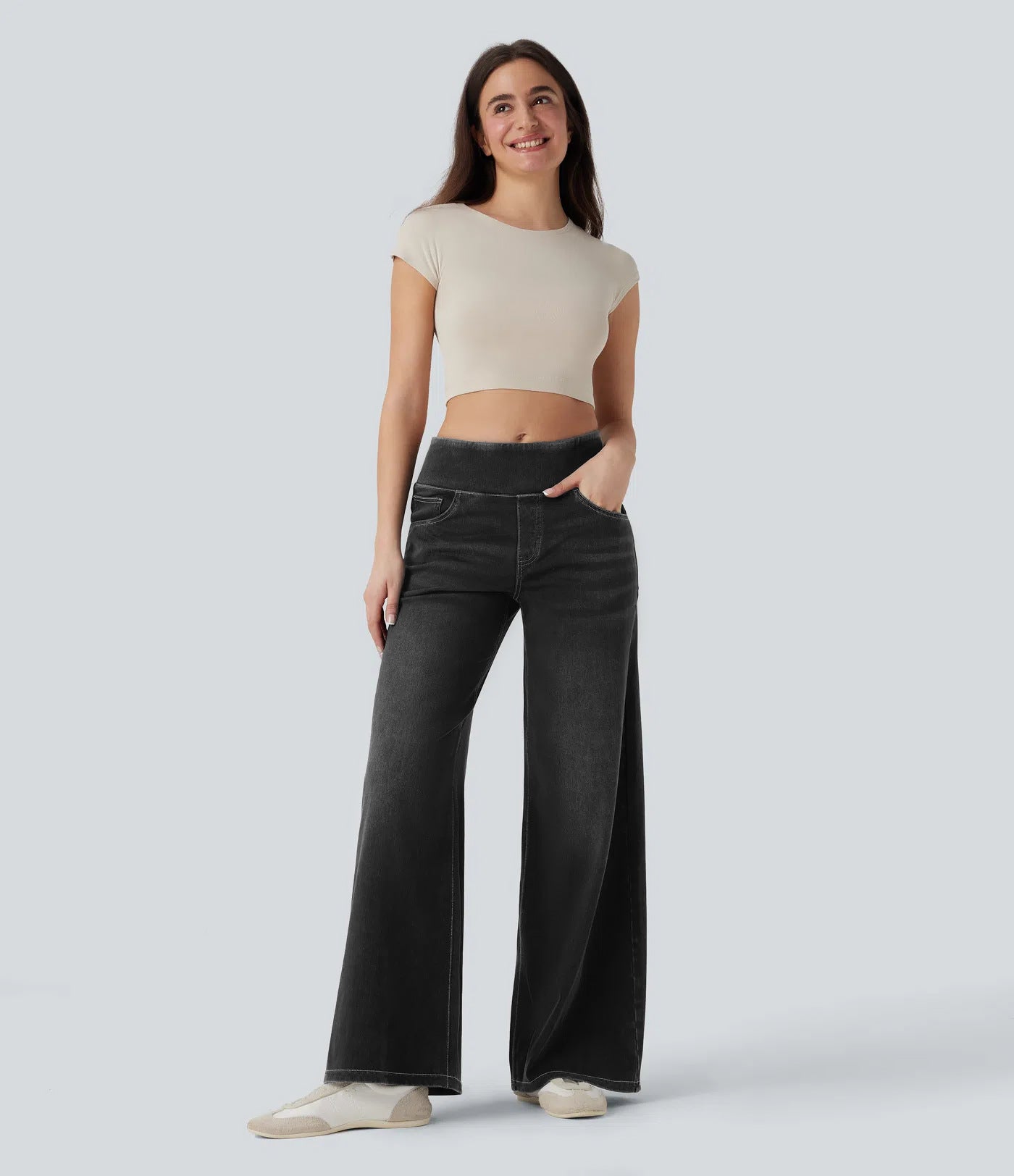 High-waisted Loose-fit Stretchy Wide-leg Jeans For Women