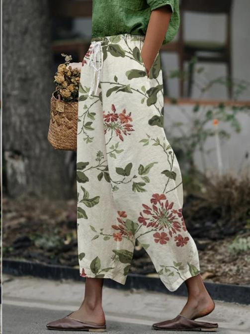 Feminine Digital Printed Minimalist Rolled Edge Casual Pants