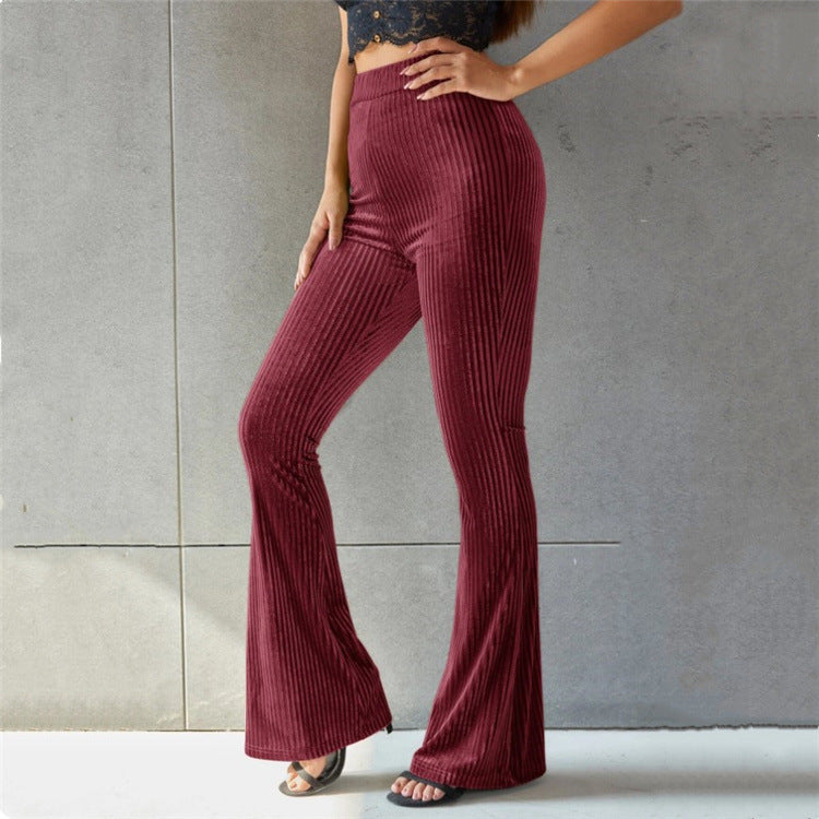 New Women's Fashion Solid Color High Waist Gold Velvet Pit Striped Flare Pants