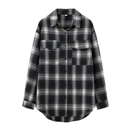 Retro Plaid Long-sleeve Women's Loose Casual Single-breasted Shirt