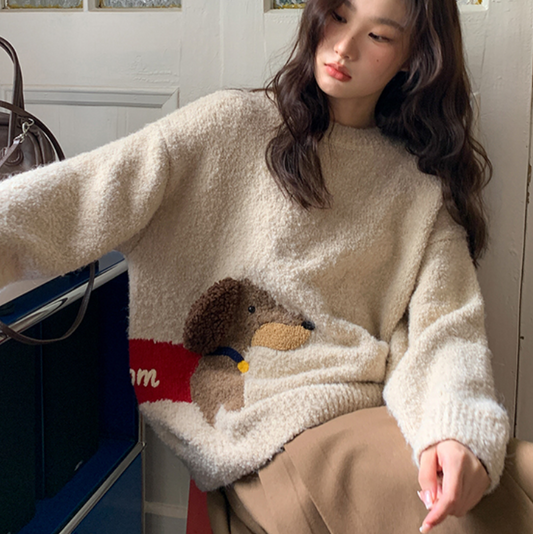 Dog Jacquard Retro Crew Neck Pullover Sweater