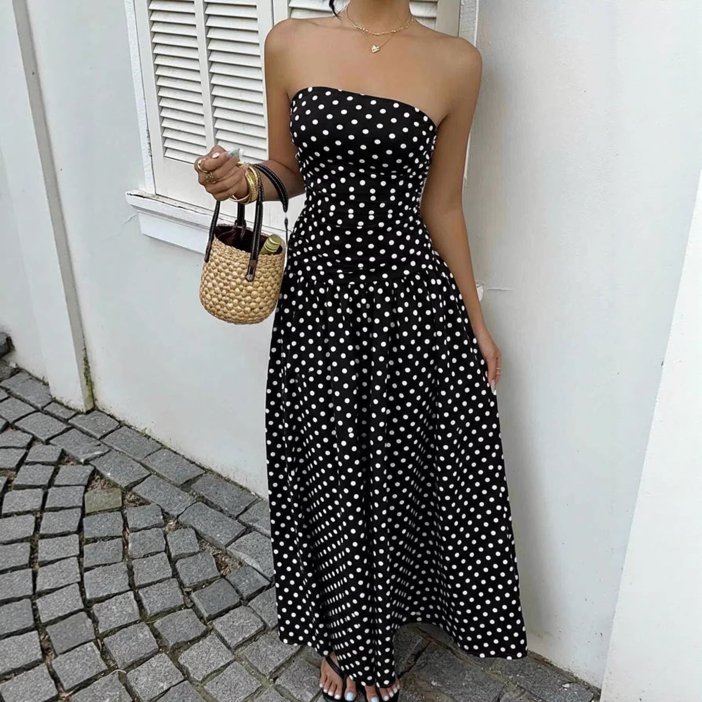 Elegante Prikkede Off-shoulder Kjoler Ensfarvede Stropløse Dame Højtaljede Robe Pendlerfest Forretning Strand Ferie Outfit