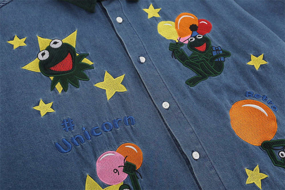 Retro Cartoon Animal Embroidery Denim Long Sleeve Shirt